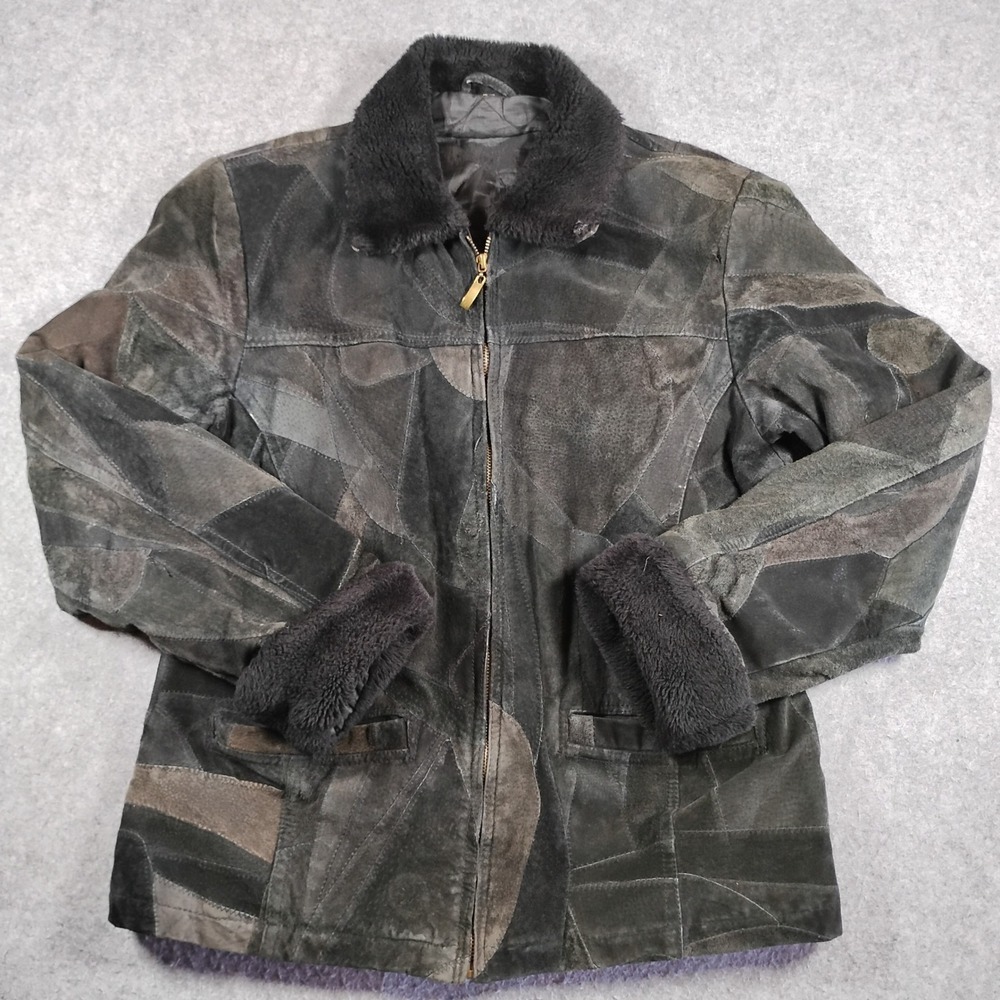 Vintage Patchwork Suede Leather Jacket‎ Womens Large Black Grey Y2K